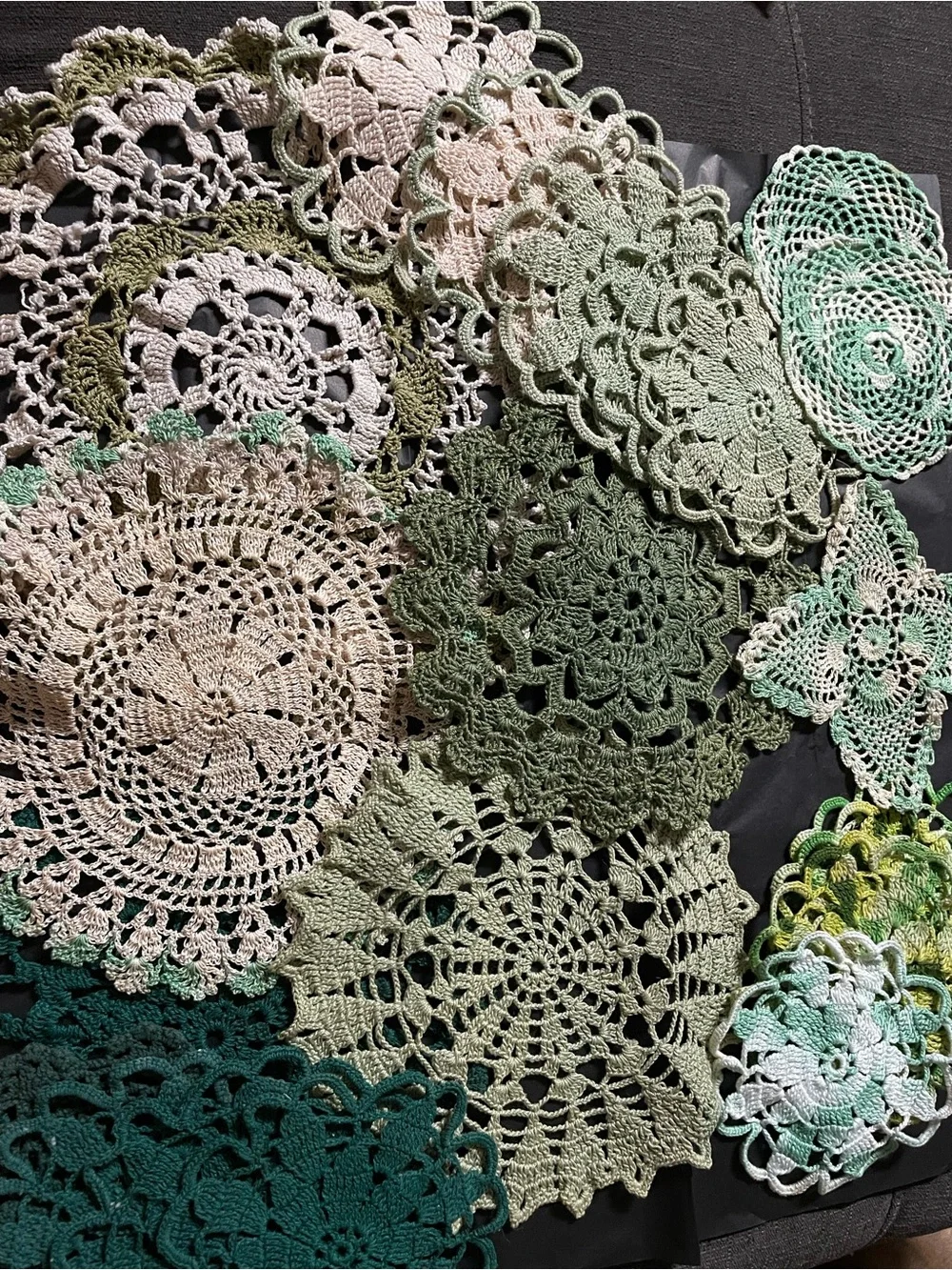 Assorted Crochet Doilies in Greens & Creams